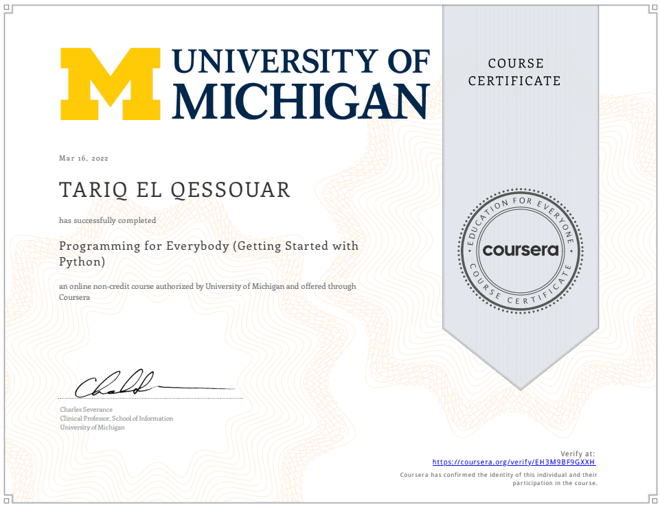 Programming for Everybody (Getting Started with Python) Certificate